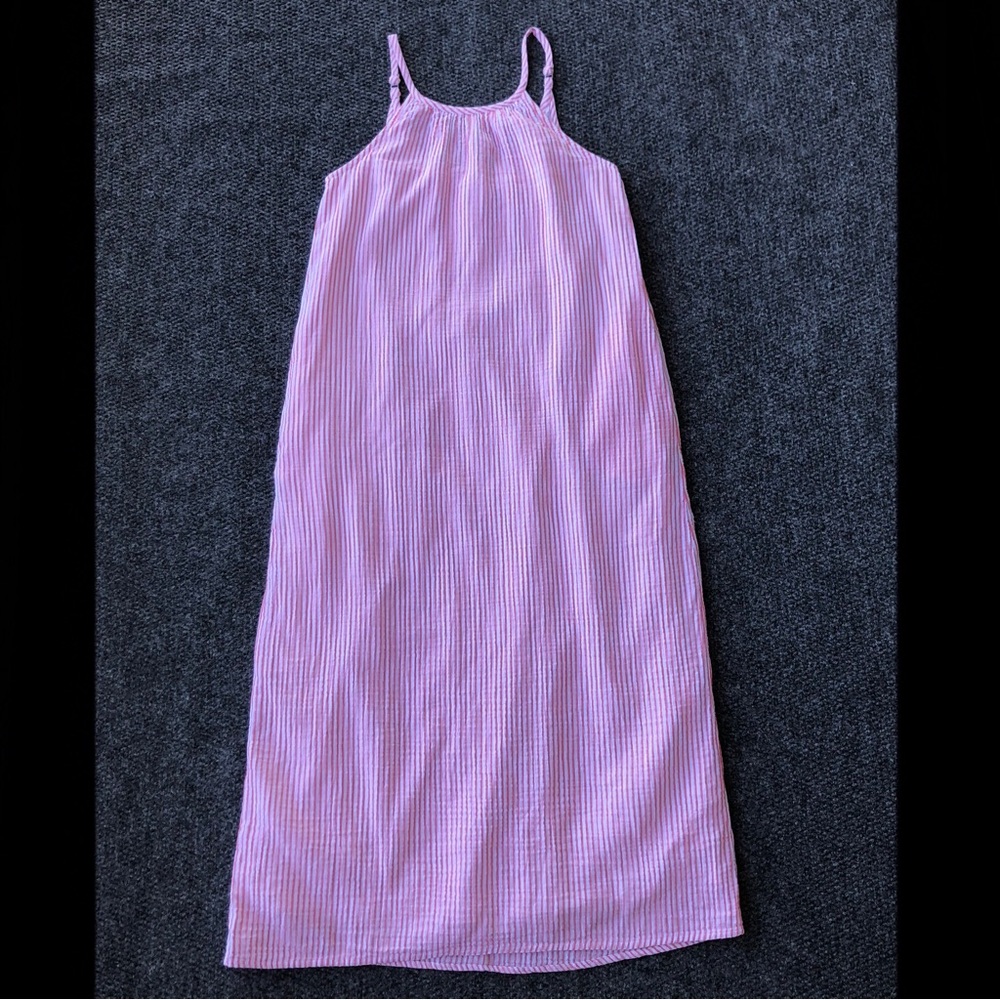 Quince 100% organic cotton sleeveless maxi dress bayside stripe coral white S